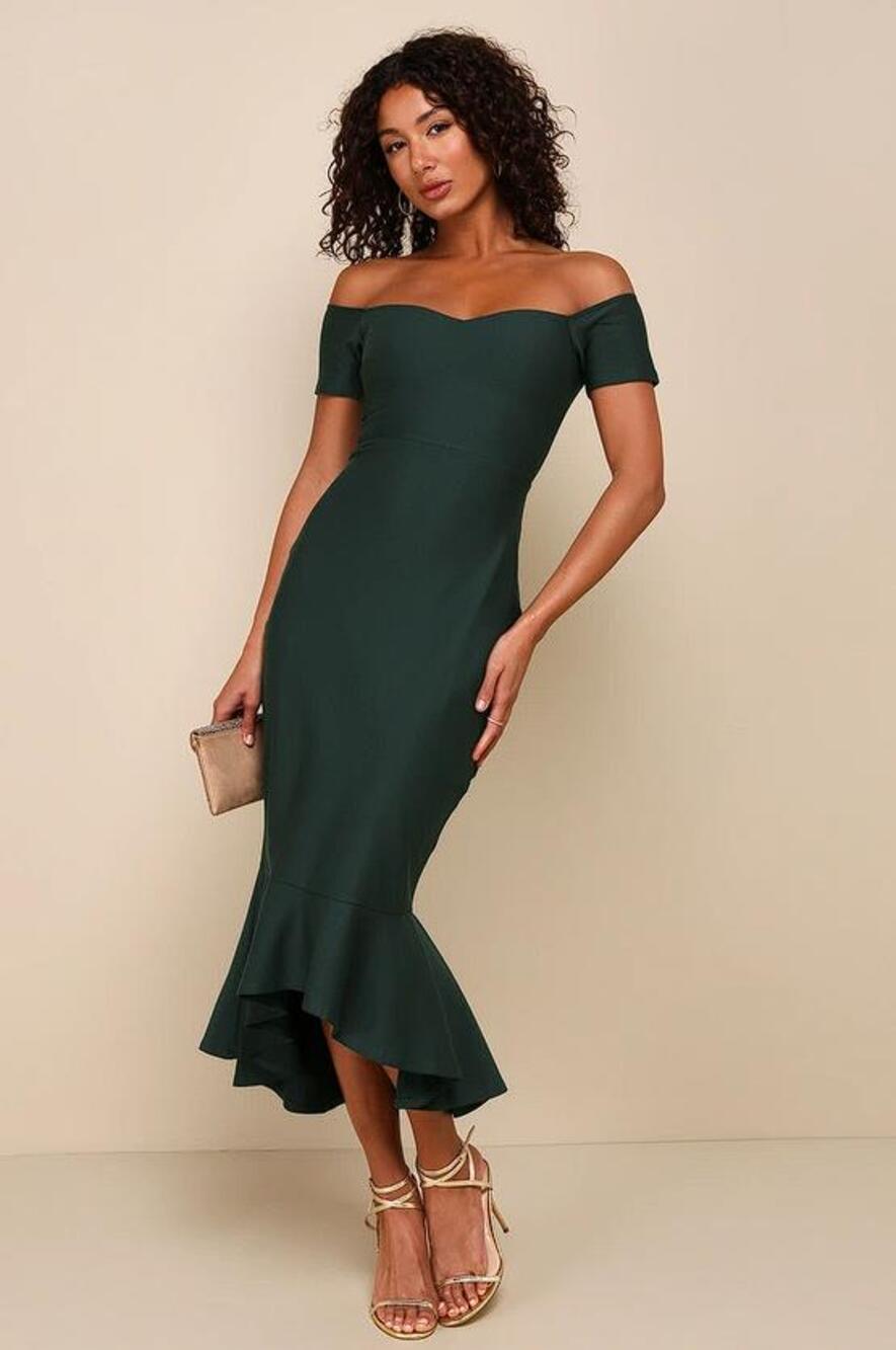 LULUS Women's How Much I Care Dark Green Off-the-Shoulder Midi Dress Size M
